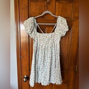 Bebop Floral Puff Sleeve Mini Dress - White with Pink & Green Print Size Medium